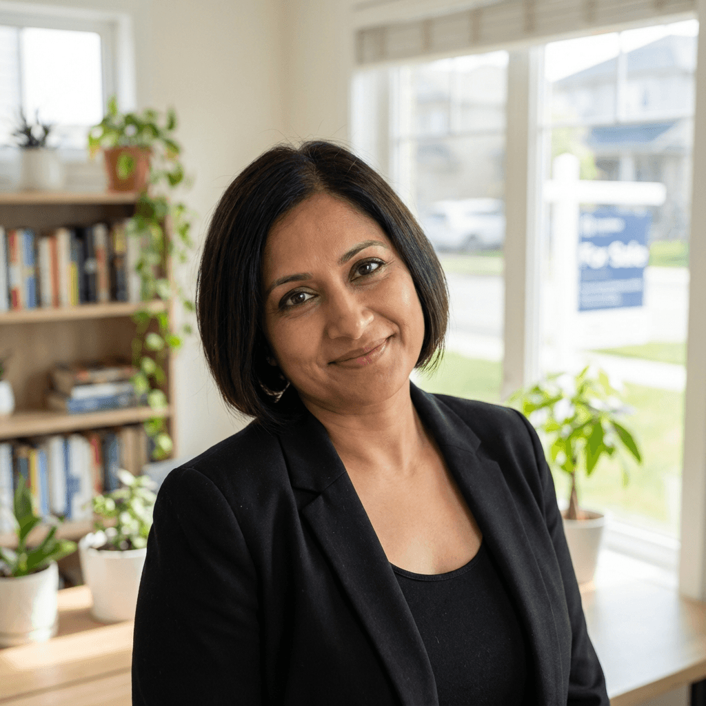 Priya Patel in a navy blazer in an office