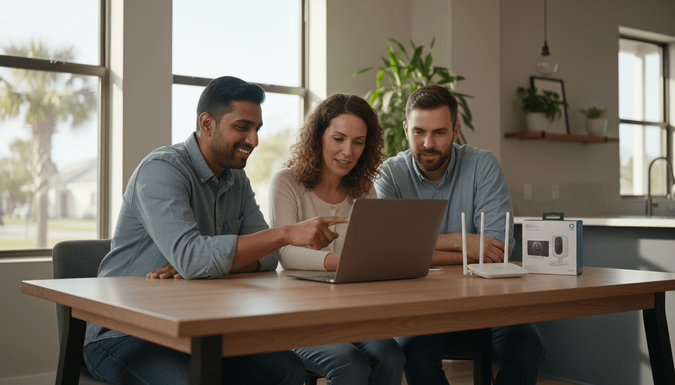 Tech consultant reviewing a laptop with a couple in a bright Jacksonville home