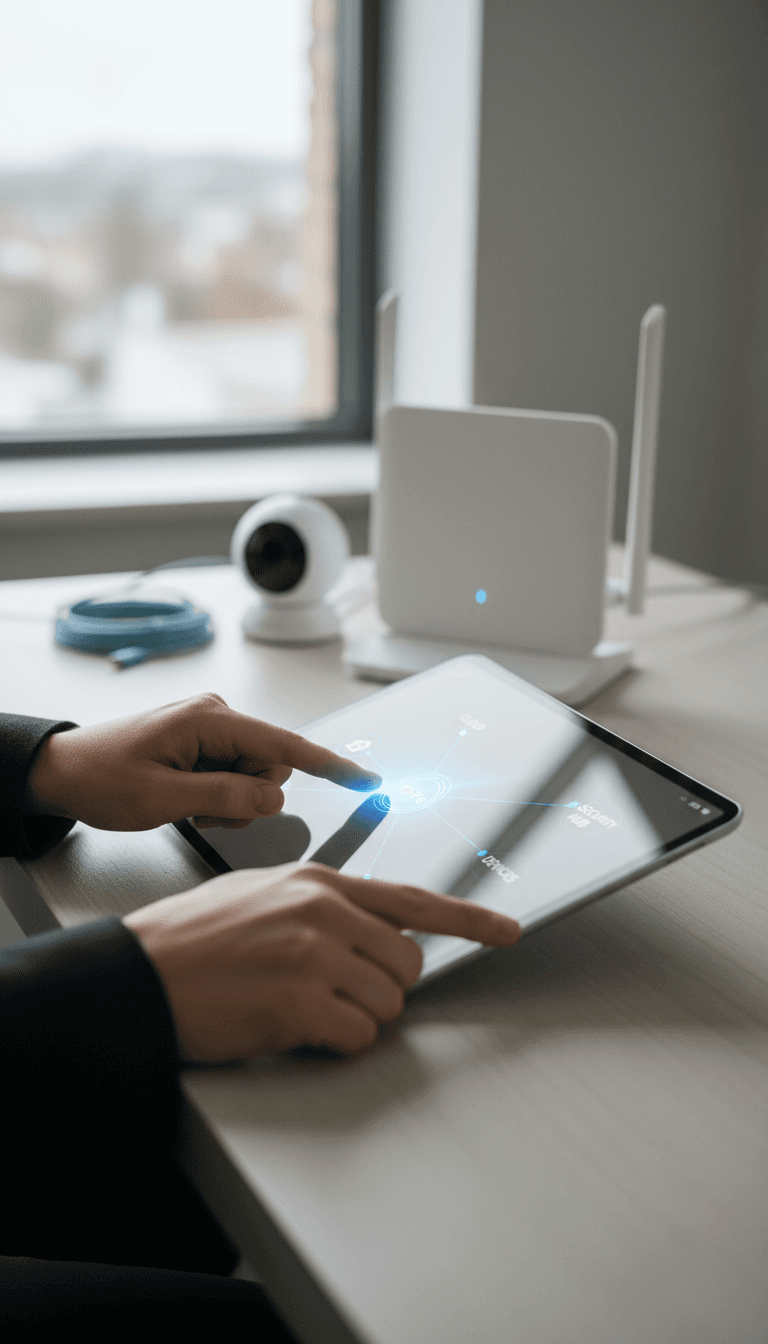 Technology consultant reviewing a network plan on a tablet
